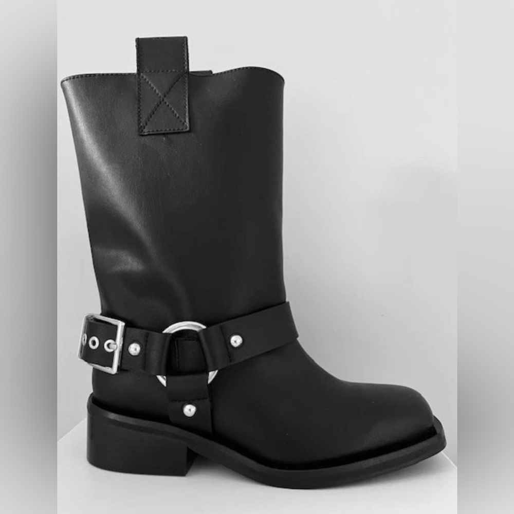 GANNI BUCKLE STRAP MIDSHAFT LEATHER BIKE BOOTS SIZE EU 41US 9.5 IN BLACK